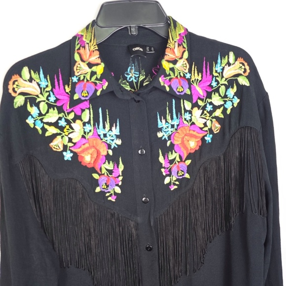ASOS Women's Size 6 Black Western Floral Embroidered & Fringe Button Shirt - Picture 2 of 13
